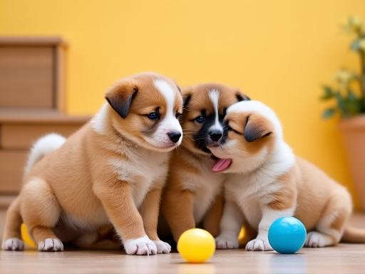 Sekumpulan anak anjing sedang bermain bersama.