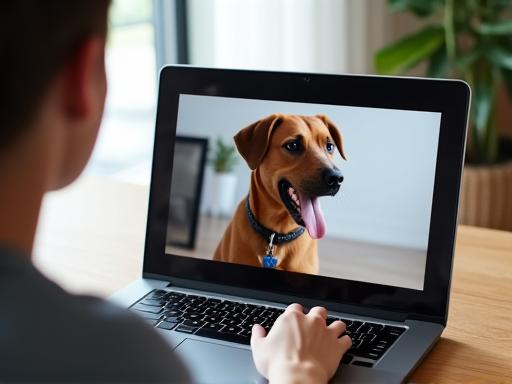 Seseorang sedang mengikuti sesi latihan anjing melalui panggilan video.
