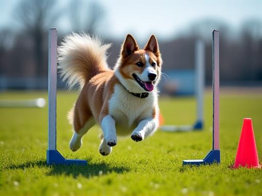 Anjing melompat melepasi halangan dalam latihan ketangkasan.
