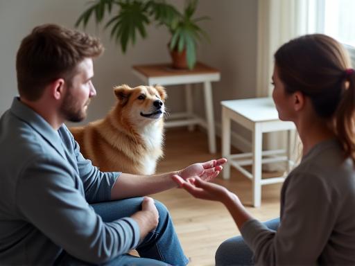 Jurulatih memberi tunjuk ajar satu-sama-satu pada pemilik anjing.