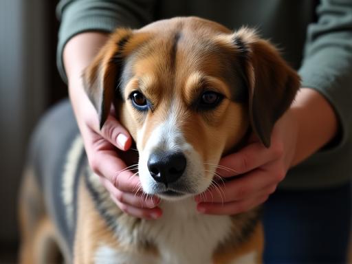 Jurulatih menenangkan anjing yang cemas.